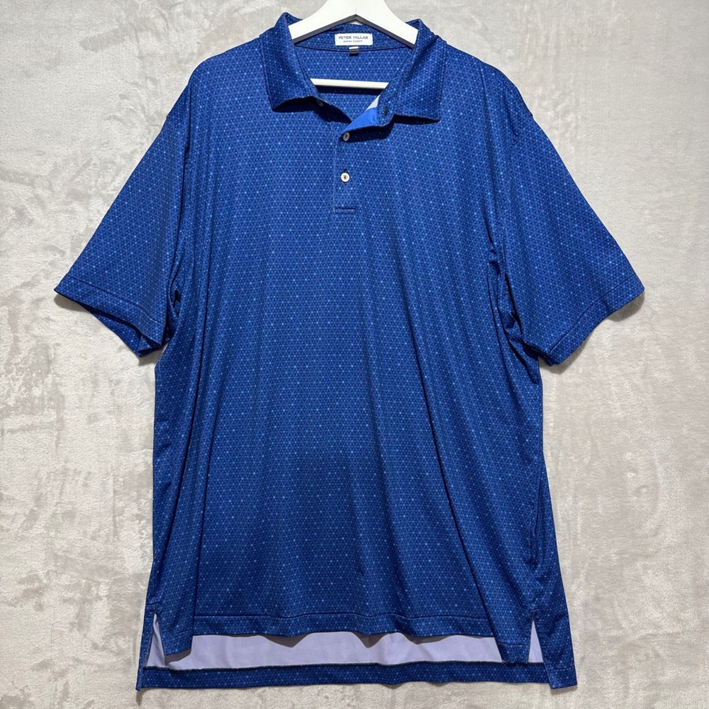 Peter Millar Summer Comfort Mens XL Blue Geometric Polo Shirt Corp‎ Logo